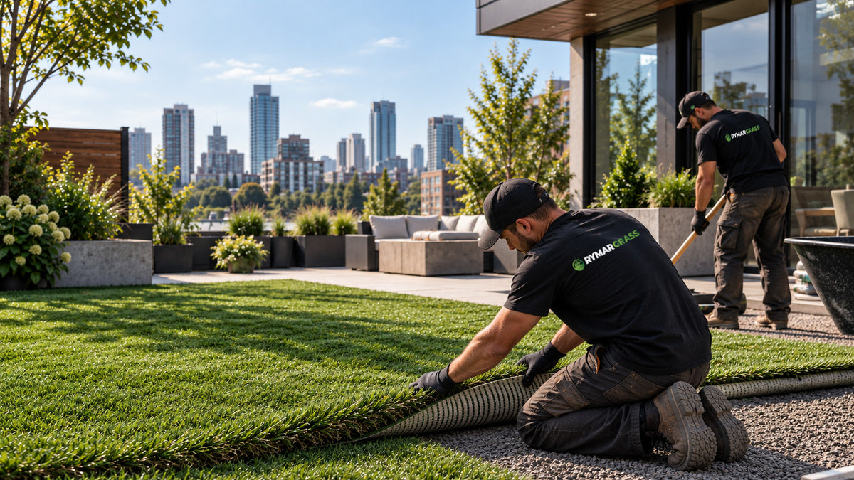 Installers fitting artificial grass in a landscaped backyard.